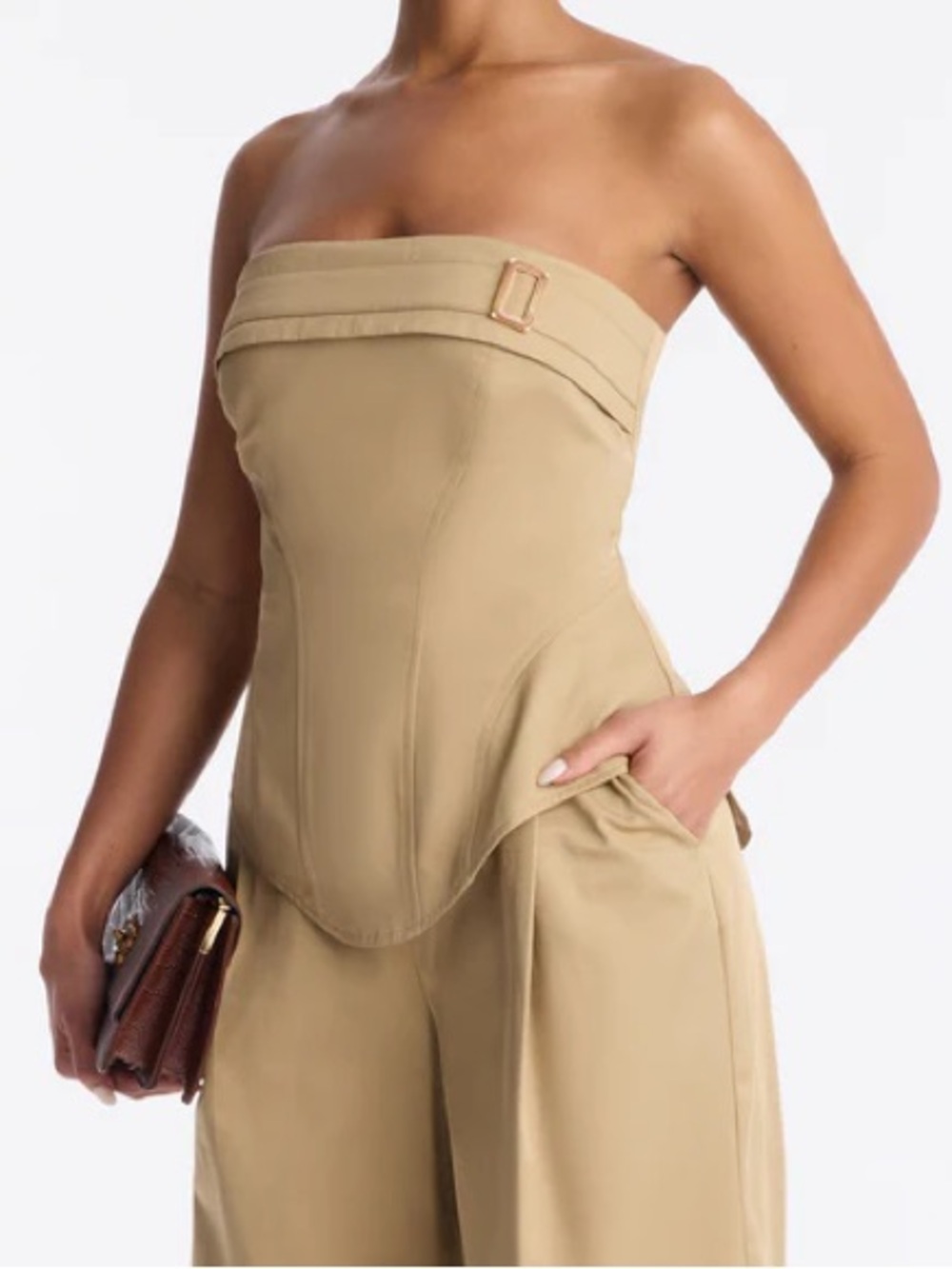 Fashion Nova Strapless Corset Wide-Leg Jumpsuit in Tan - Picture 2 of 5